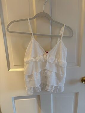 Edikted White Lace Tiered Ruffle Camisole with Pink Brand Tag